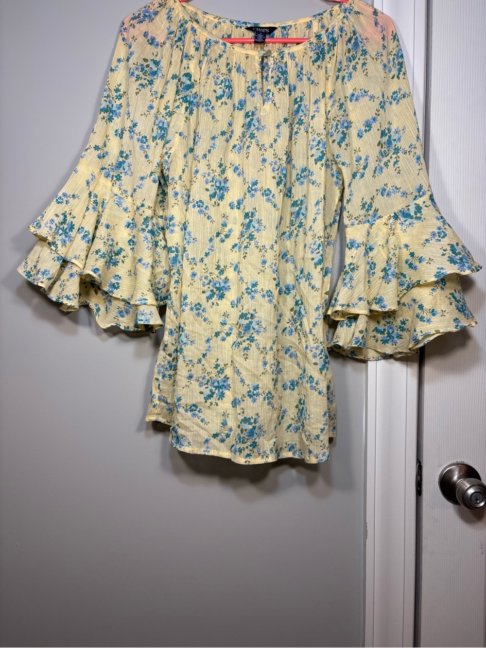 Chaps Yellow Floral Peasant Blouse with Blue Accents